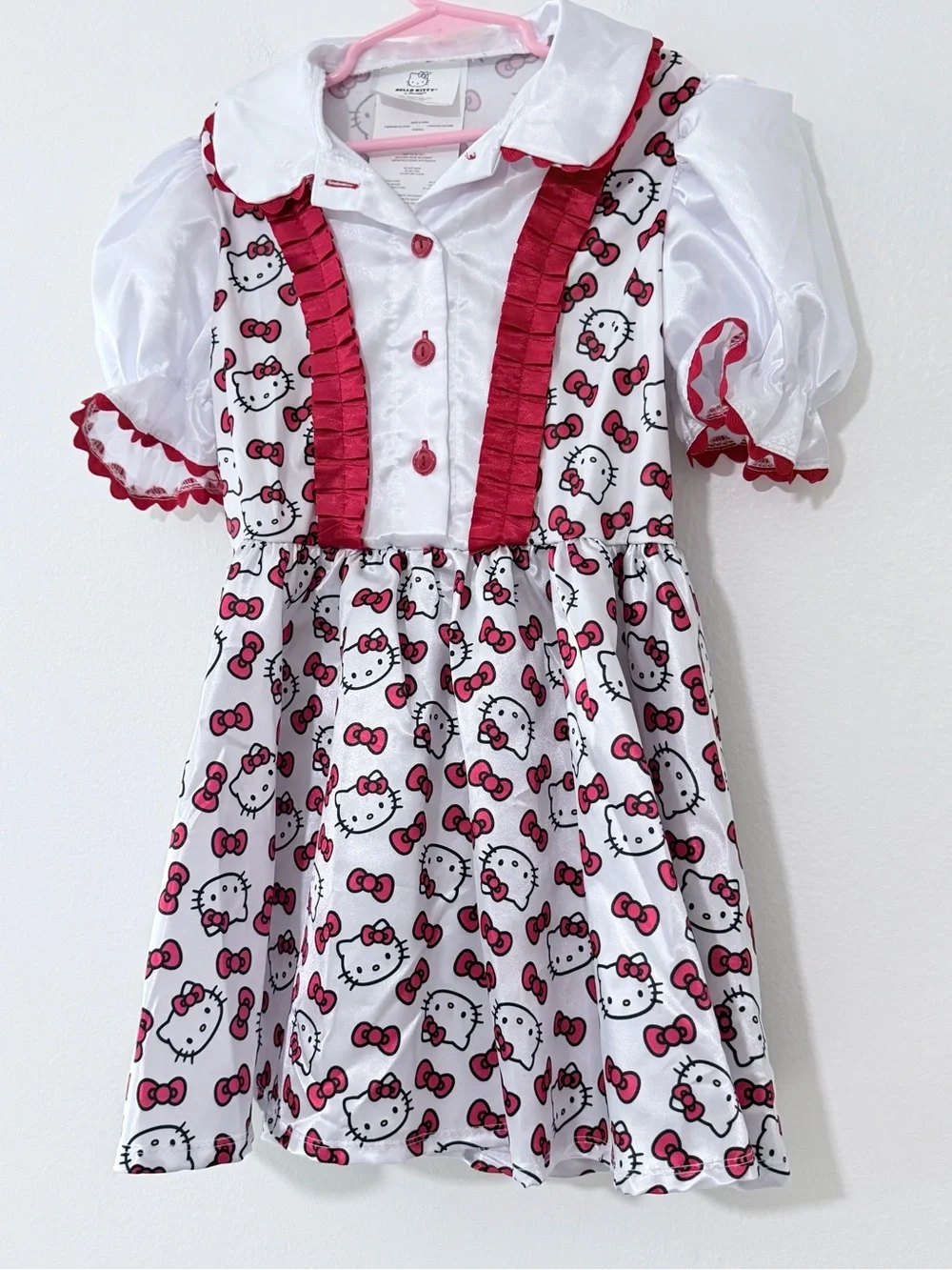 NWOT Hello Kitty White & Pink Puff Sleeve Girls Dress Sz Medium